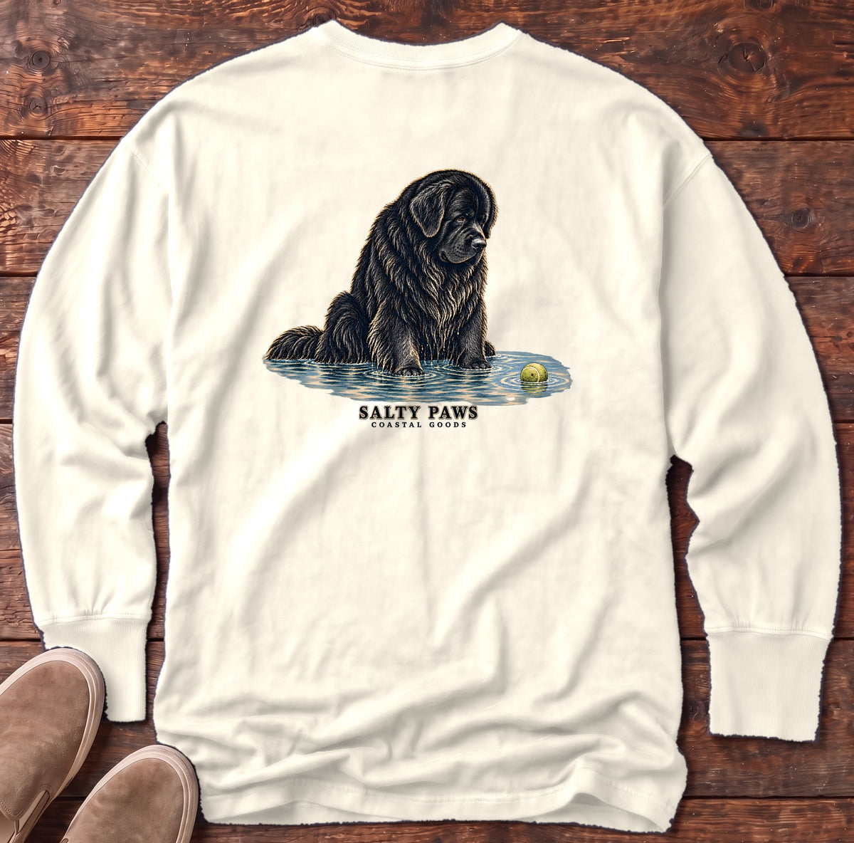 Newfoundland Ball Back Design Long Sleeve Tee in Ivory, Salty Paws Comfort Colors Long Sleeve Tee, back design flat lay