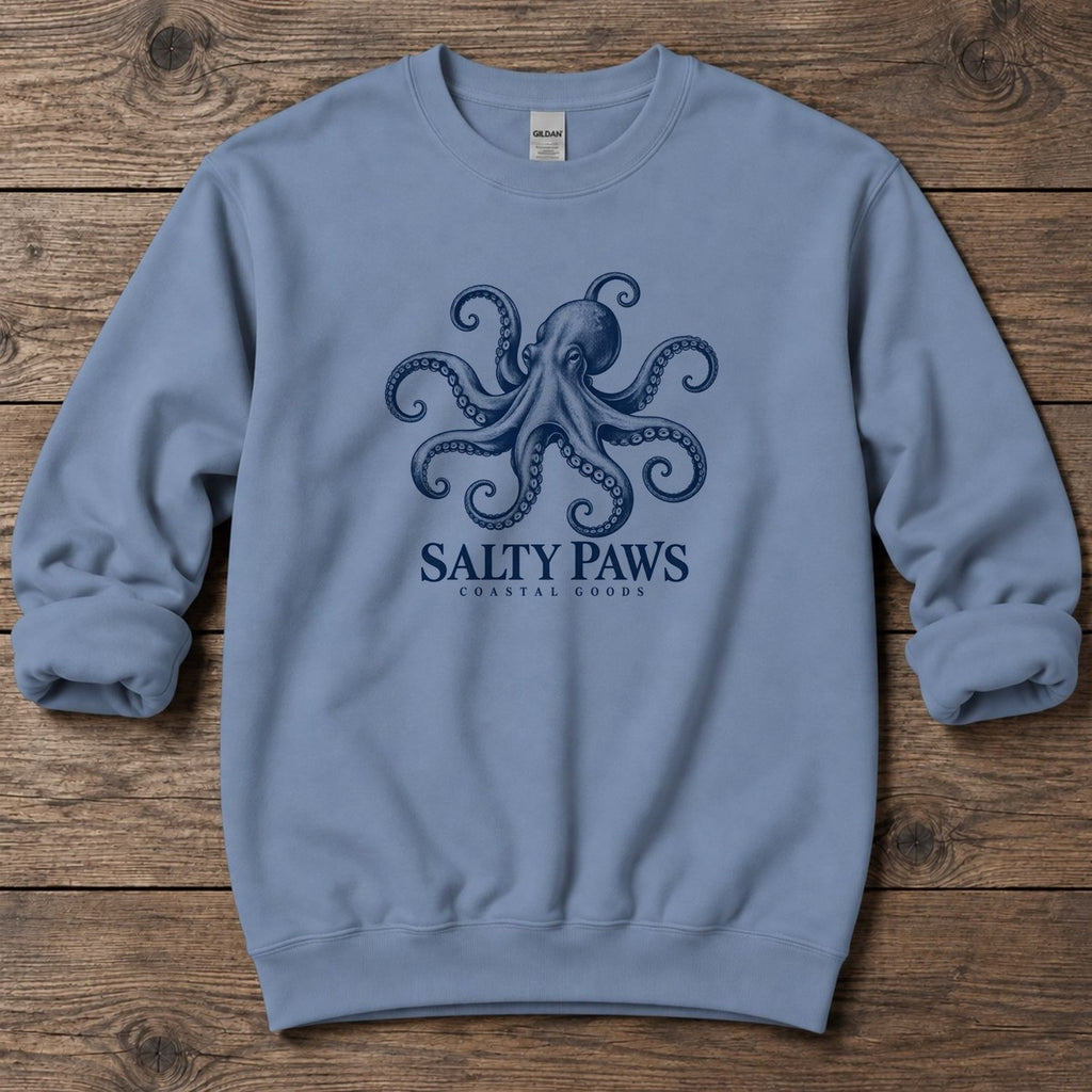 Octopus Coastal Goods Midweight Sweatshirt in Stone Blue, Salty Paws Midweight Sweatshirt, front design flat lay