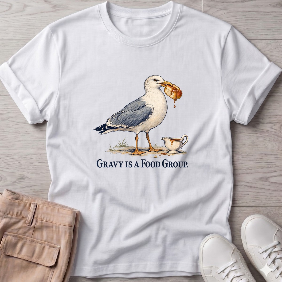 Gravy Is a Food Group Seagull T-Shirt in White, Salty Paws T-Shirt, front design flat lay