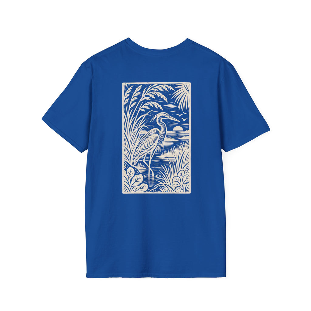 Heron Woodcut Back Design T-Shirt