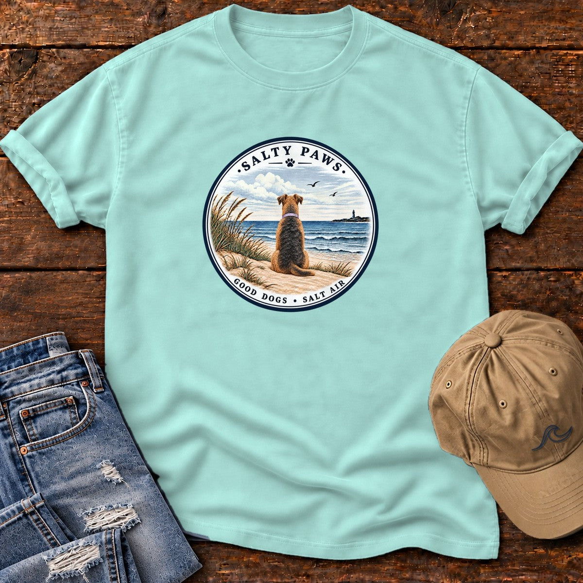 Good Dogs Salt Air Airedale T-Shirt in Chalky Mint, Salty Paws Comfort Colors T-Shirt, front design flat lay