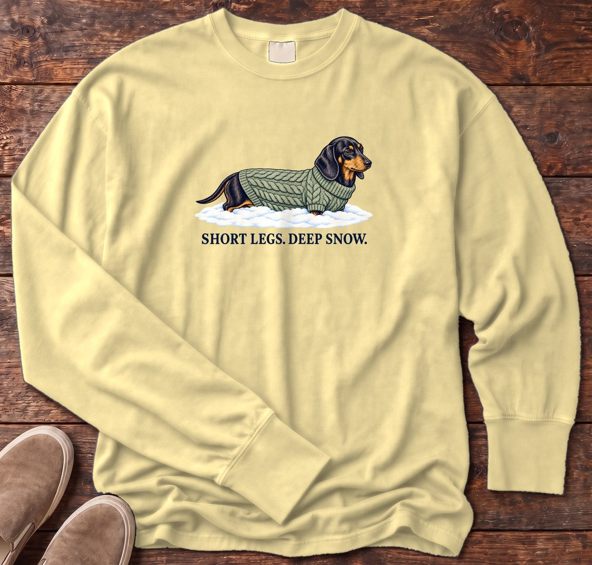 Short Legs Deep Snow Dachshund Long Sleeve Tee in Butter, Salty Paws Comfort Colors Long Sleeve Tee, front design flat lay