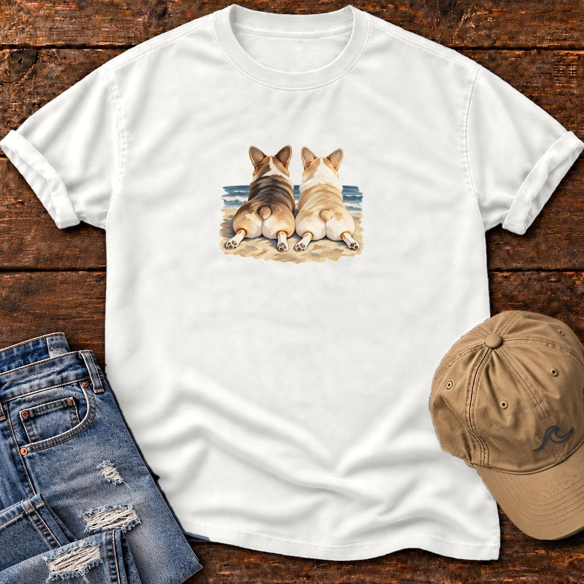 Two Corgis at the Ocean T-Shirt in White, Salty Paws Comfort Colors T-Shirt, front design flat lay