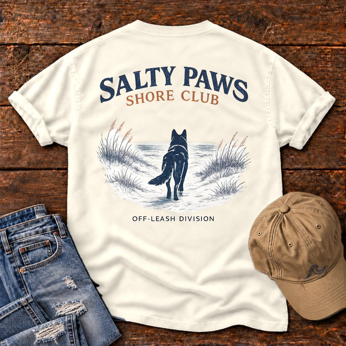 Salty Paws Shore Club Shepherd Back Design Comfort Colors T-Shirt in Ivory, back design flat lay