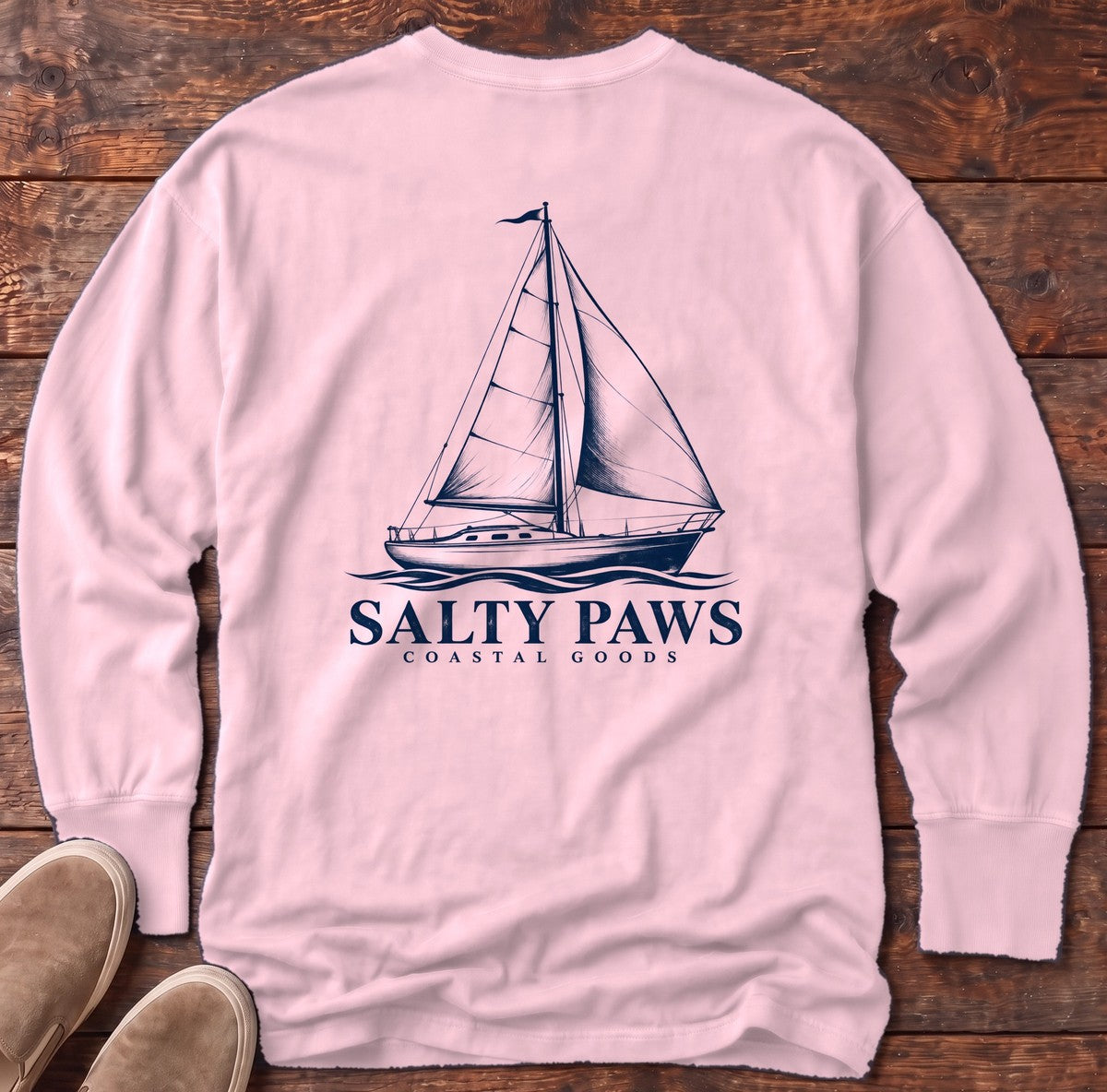 Sailboat Coastal Goods Back Design Long Sleeve Tee in Blossom, Salty Paws Comfort Colors Long Sleeve Tee, back design flat lay