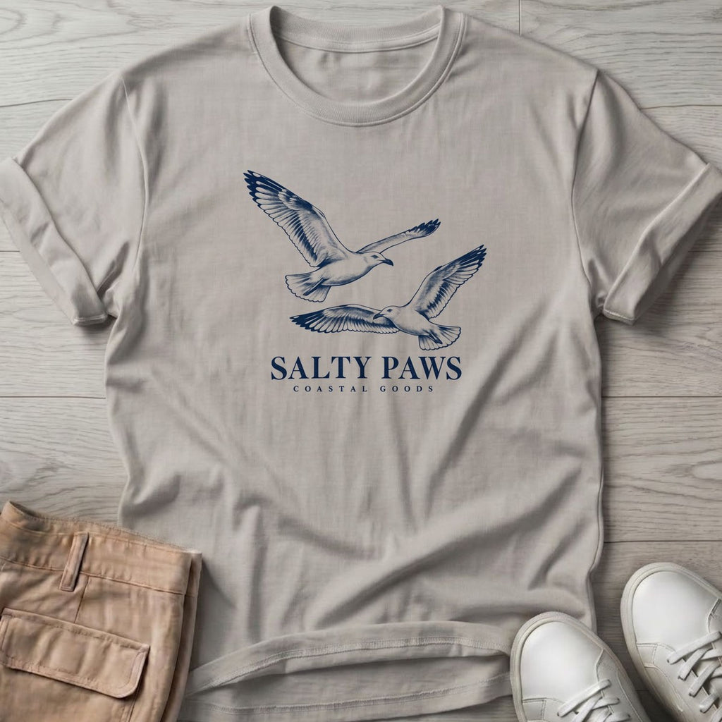 Gull Flight Coastal Goods T-Shirt in Ice Grey, Salty Paws T-Shirt, front design flat lay
