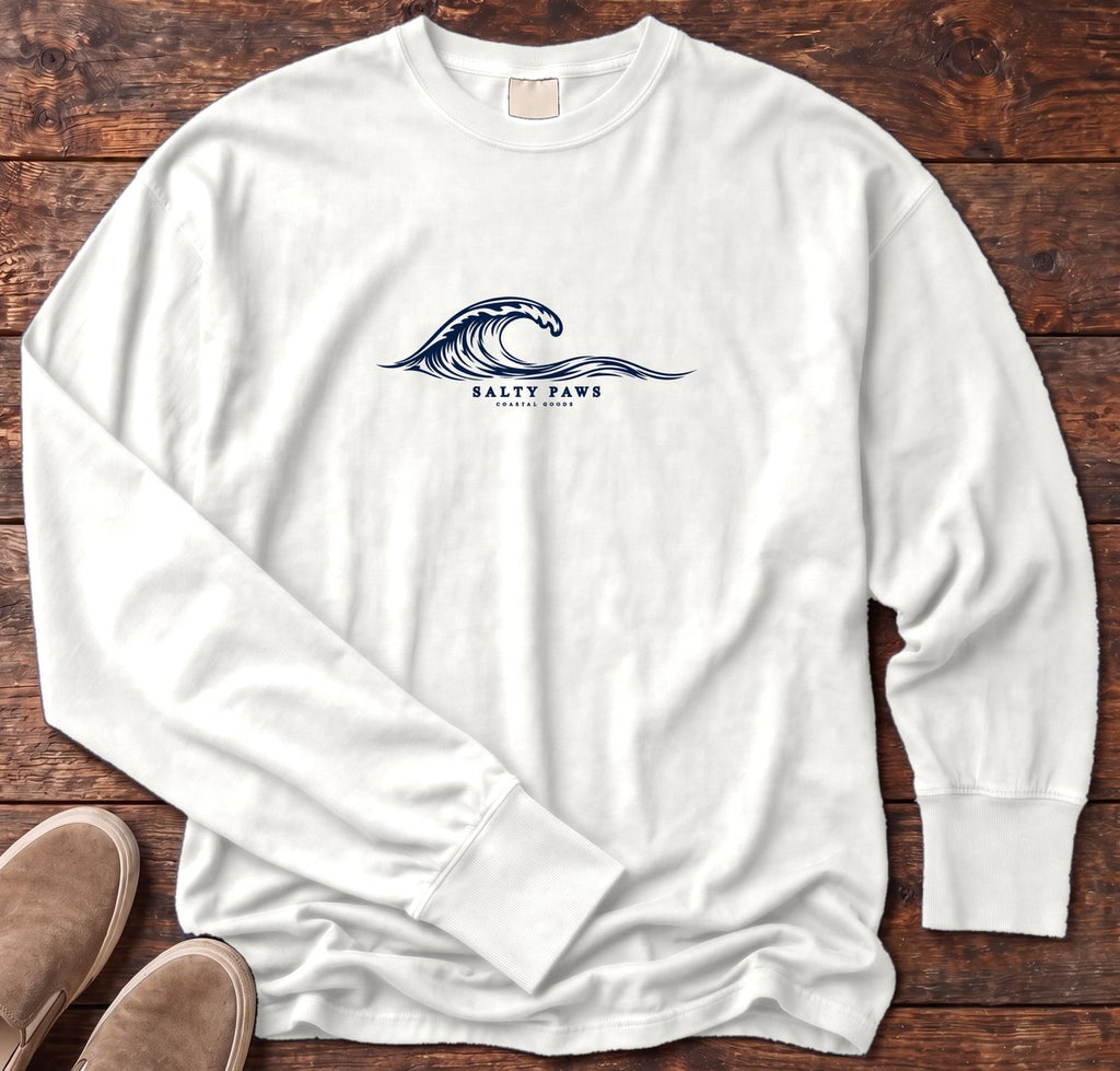 Salty Paws Coastal Wave Long Sleeve Tee in White, Salty Paws Comfort Colors Long Sleeve Tee, front design flat lay
