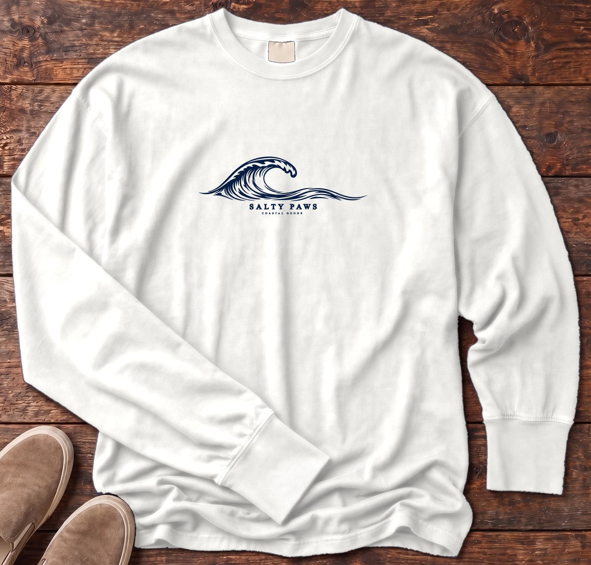 Salty Paws Coastal Wave Long Sleeve Tee in White, Salty Paws Comfort Colors Long Sleeve Tee, front design flat lay