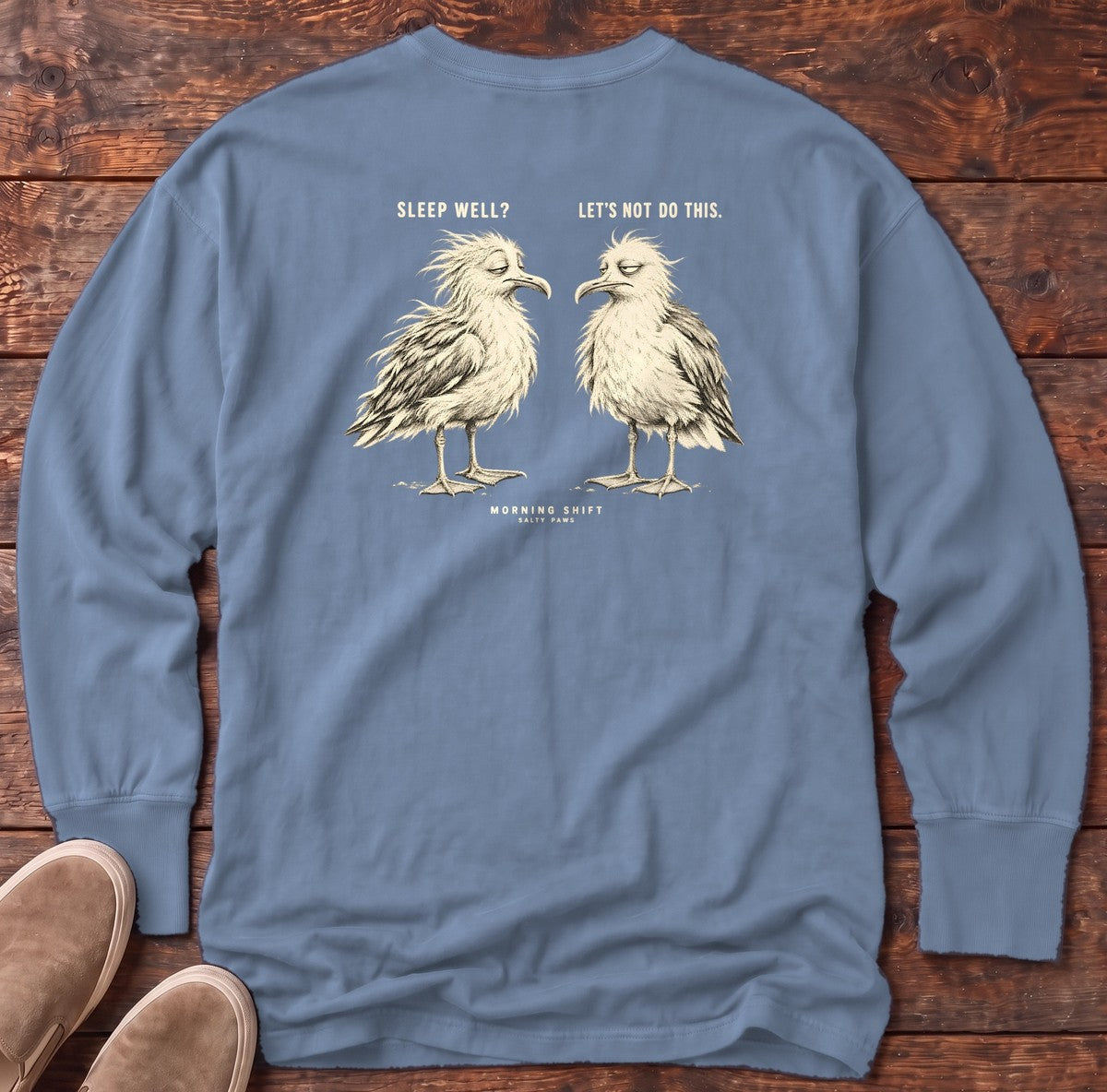 Morning Shift Gulls Back Design Long Sleeve Tee in Blue Jean, Salty Paws Comfort Colors Long Sleeve Tee, back design flat lay