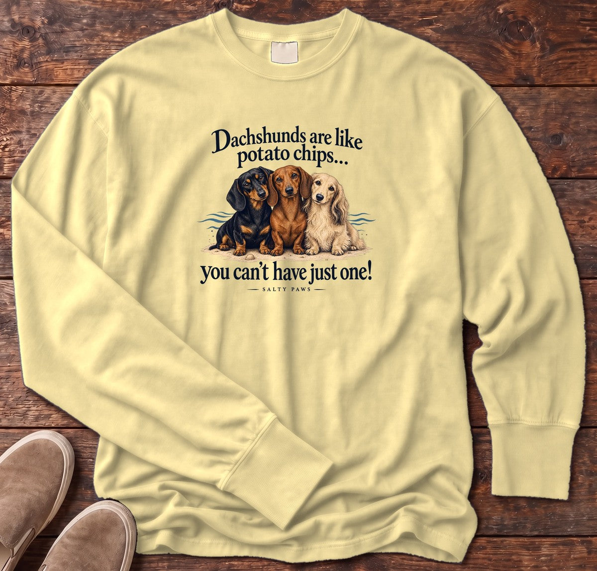 Three Dachshunds Potato Chips Long Sleeve Tee in Butter, Salty Paws Comfort Colors Long Sleeve Tee, front design flat lay