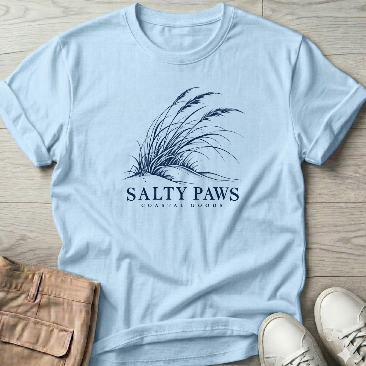 Salty Paws Dune Grass T-Shirt in Light Blue, Salty Paws T-Shirt, front design flat lay