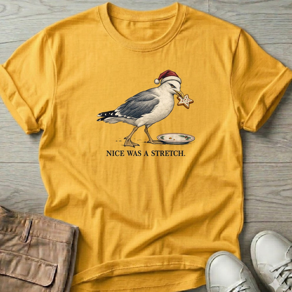 Nice Was a Stretch Seagull T-Shirt in Daisy, Salty Paws T-Shirt, front design flat lay