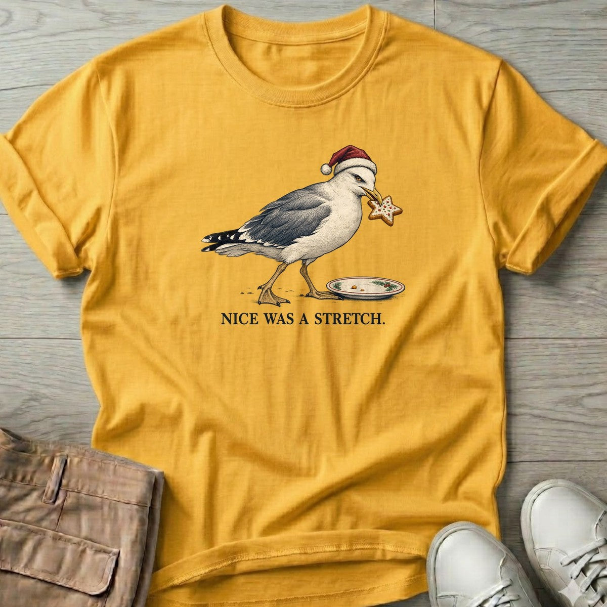 Nice Was a Stretch Seagull T-Shirt in Daisy, Salty Paws T-Shirt, front design flat lay