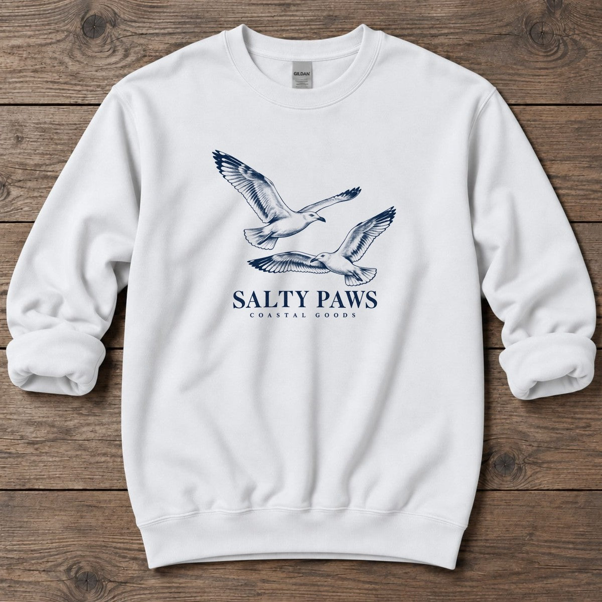 Gull Flight Coastal Goods Midweight Sweatshirt in White, Salty Paws Midweight Sweatshirt, front design flat lay