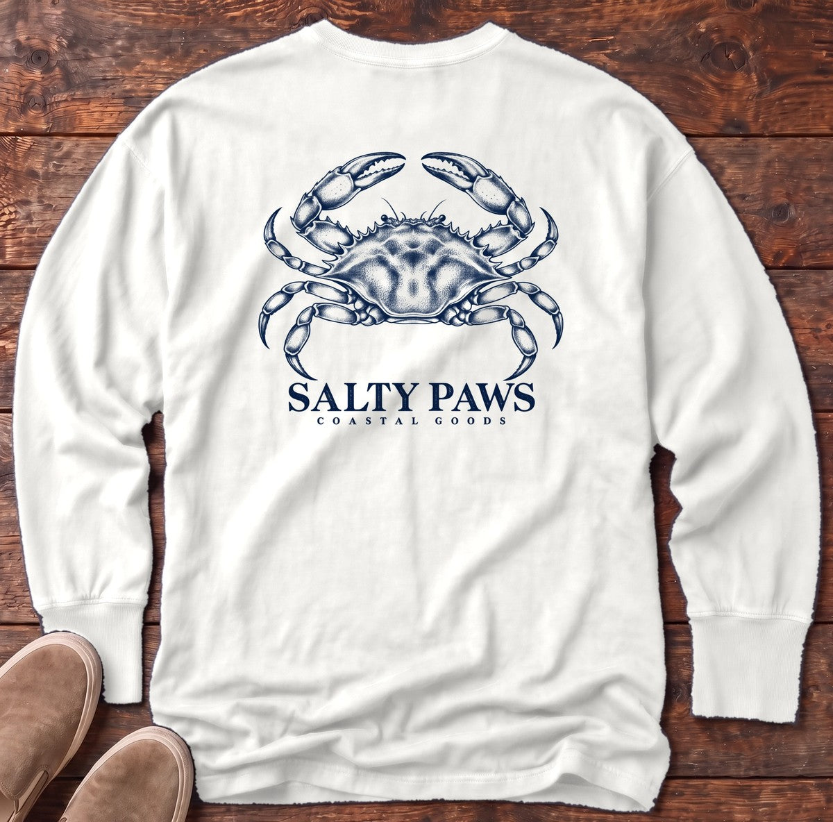 Blue Crab Coastal Goods Back Design Long Sleeve Tee in White, Salty Paws Comfort Colors Long Sleeve Tee, back design flat lay