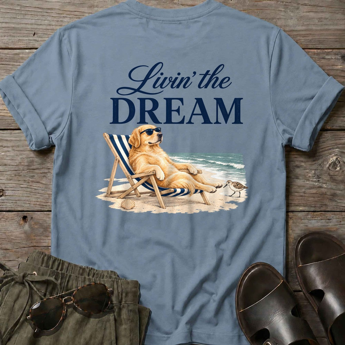Livin' the Dream Golden Retriever Back Design T-Shirt in Stone Blue, Salty Paws coastal t-shirt