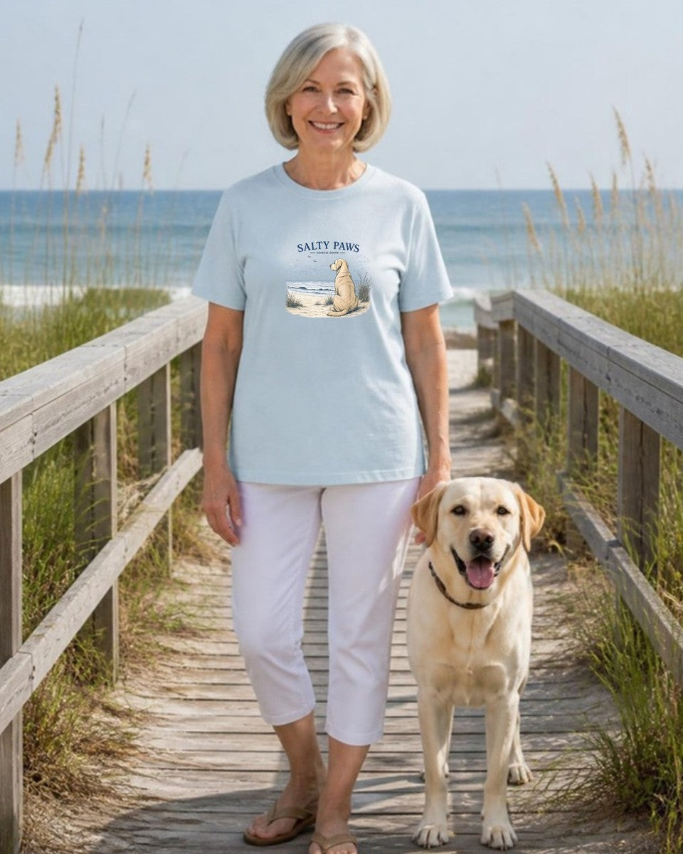 Salty Paws Yellow Lab Comfort Colors T-Shirt in Chambray, worn by a model