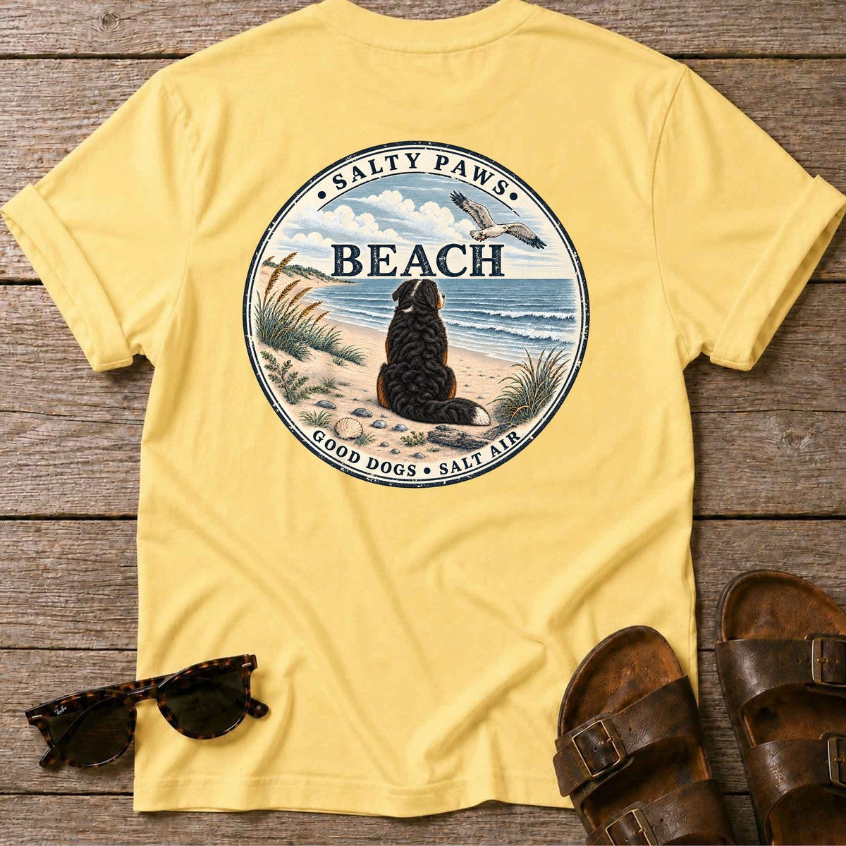 Salty Paws Beach Bernese Back Design T-Shirt in Daisy, Salty Paws T-Shirt, back design flat lay