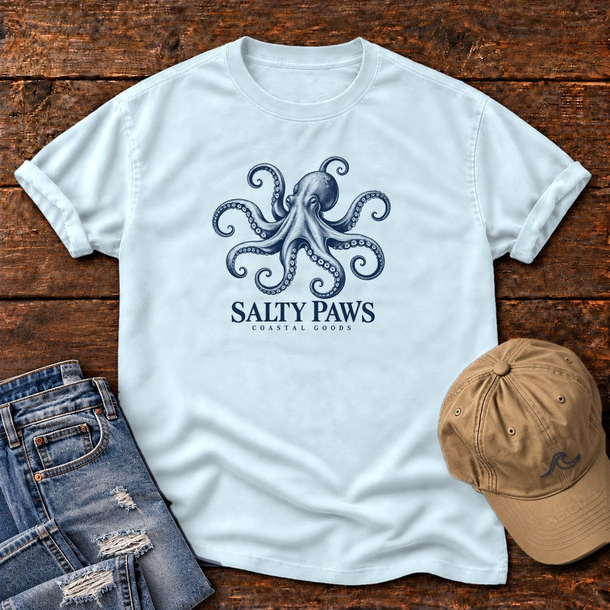 Octopus Coastal Goods T-Shirt in Chambray, Salty Paws Comfort Colors T-Shirt, front design flat lay