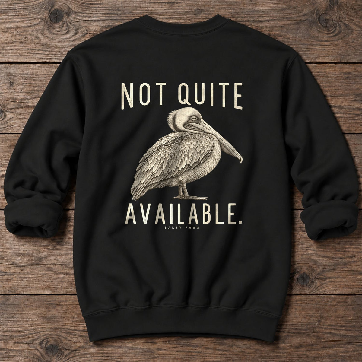 Not Quite Available Pelican Back Design Midweight Sweatshirt in Black, Salty Paws Midweight Sweatshirt, back design flat lay