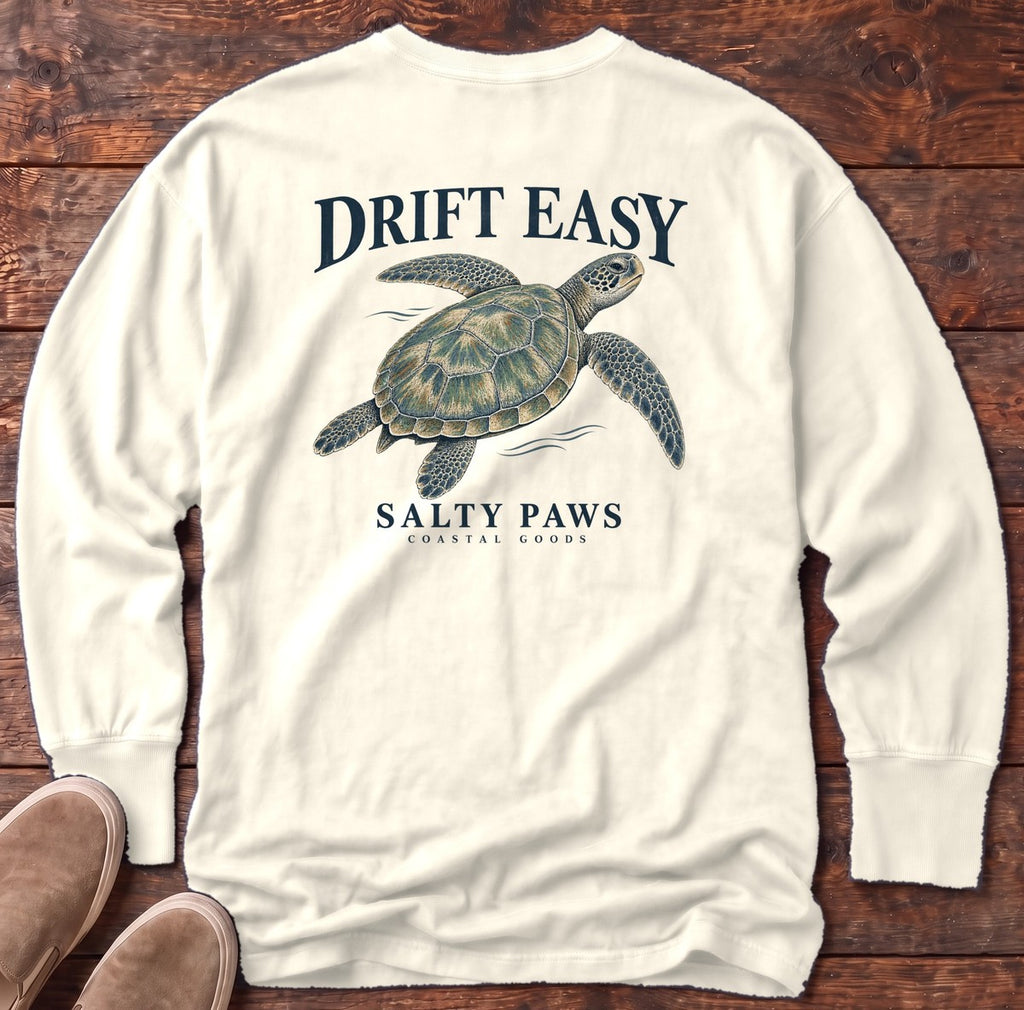 Drift Easy Sea Turtle Salty Paws Coastal Goods Back Design Long Sleeve Tee in Ivory, Salty Paws Comfort Colors Long Sleeve Tee, back design flat lay