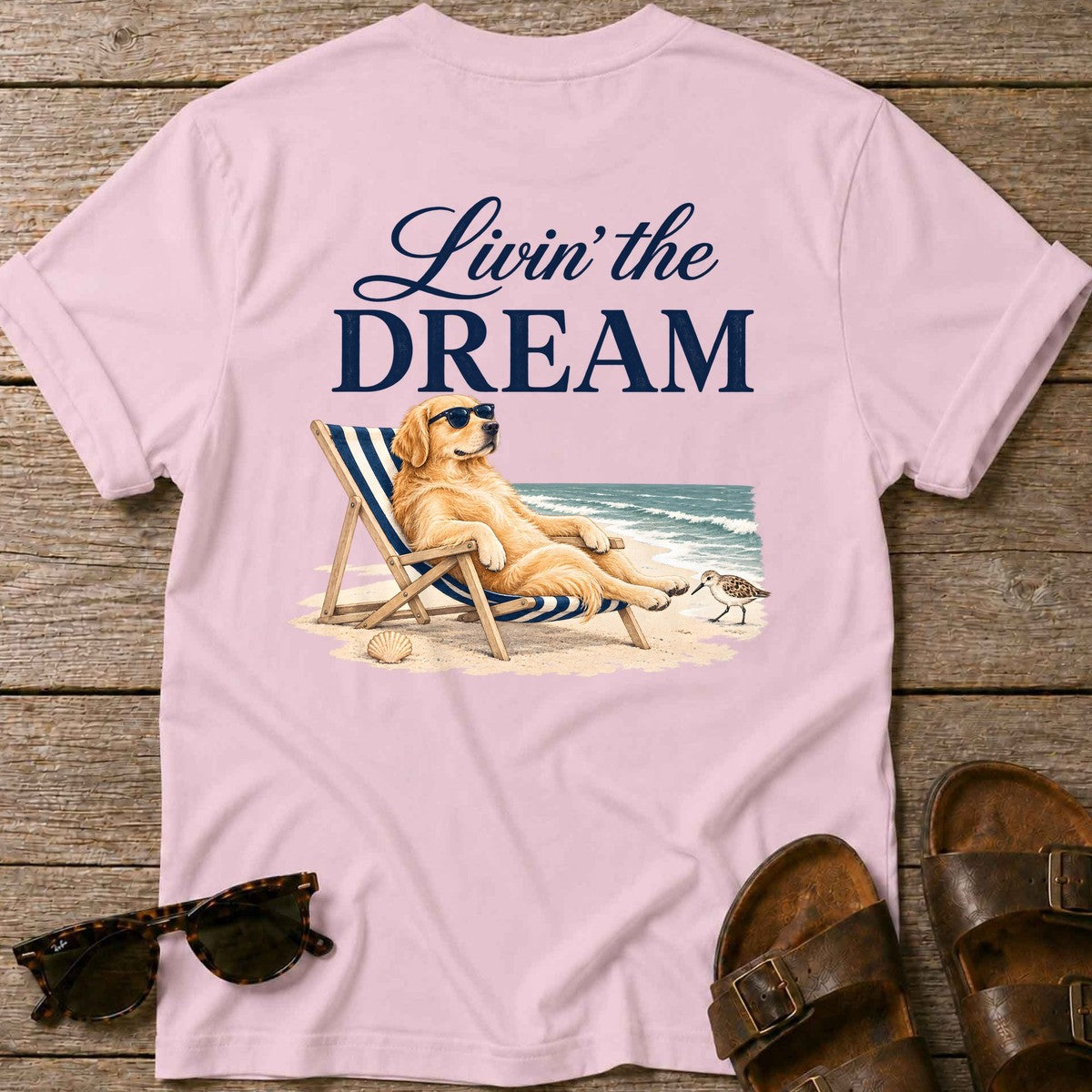 Livin' the Dream Golden Retriever Back Design T-Shirt in Light Pink, Salty Paws coastal t-shirt