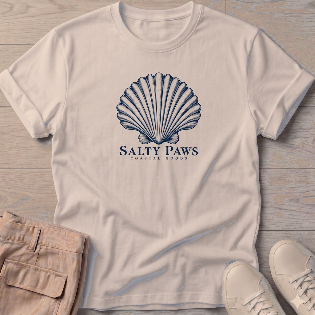 Scallop Shell Coastal Goods T-Shirt in Sand, Salty Paws T-Shirt, front design flat lay