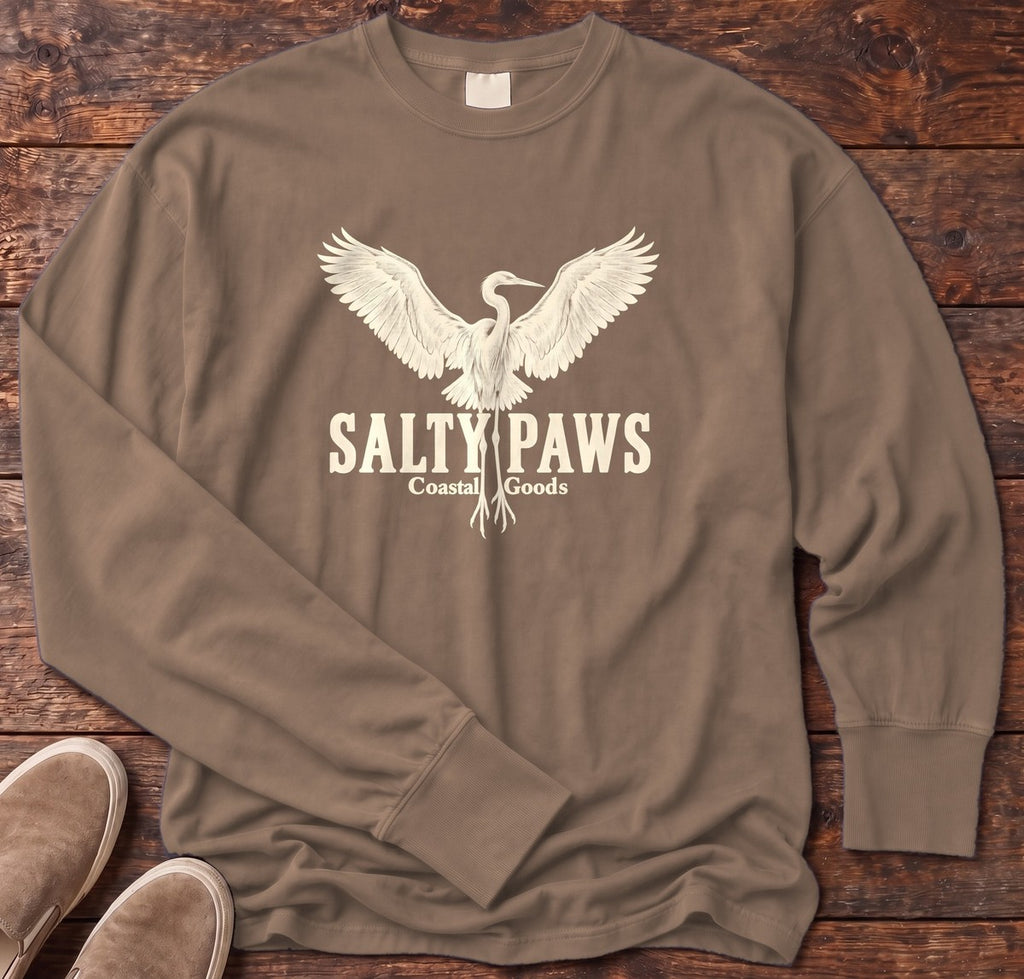 Rising Egret Salty Paws Coastal Goods Long Sleeve Tee in Espresso, Salty Paws Comfort Colors Long Sleeve Tee, front design flat lay
