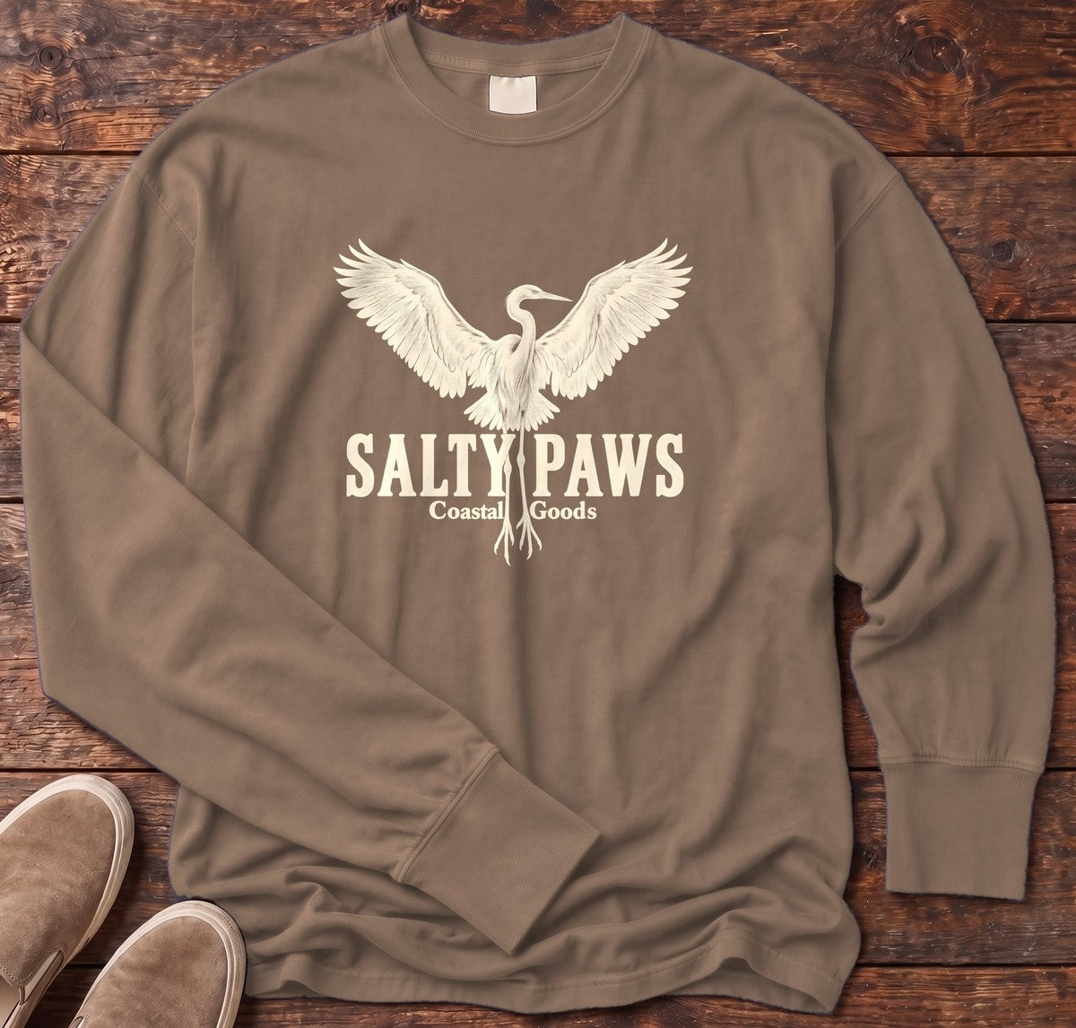 Rising Egret Salty Paws Coastal Goods Long Sleeve Tee in Espresso, Salty Paws Comfort Colors Long Sleeve Tee, front design flat lay