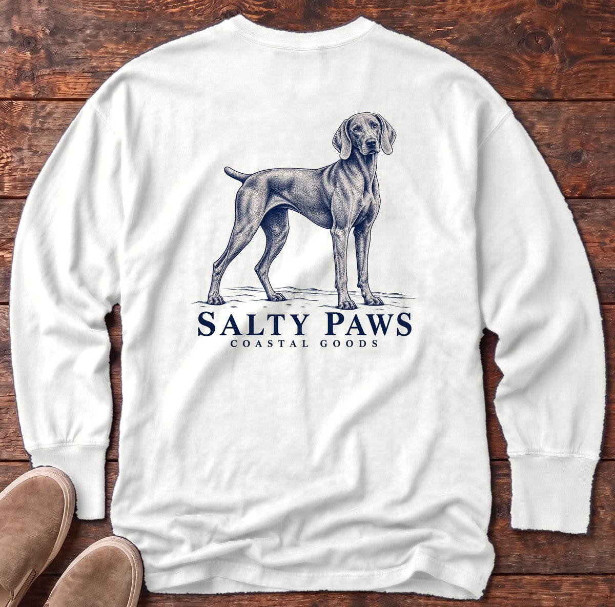 Weimaraner Coastal Goods Back Design Long Sleeve Tee in White, Salty Paws Comfort Colors Long Sleeve Tee, back design flat lay