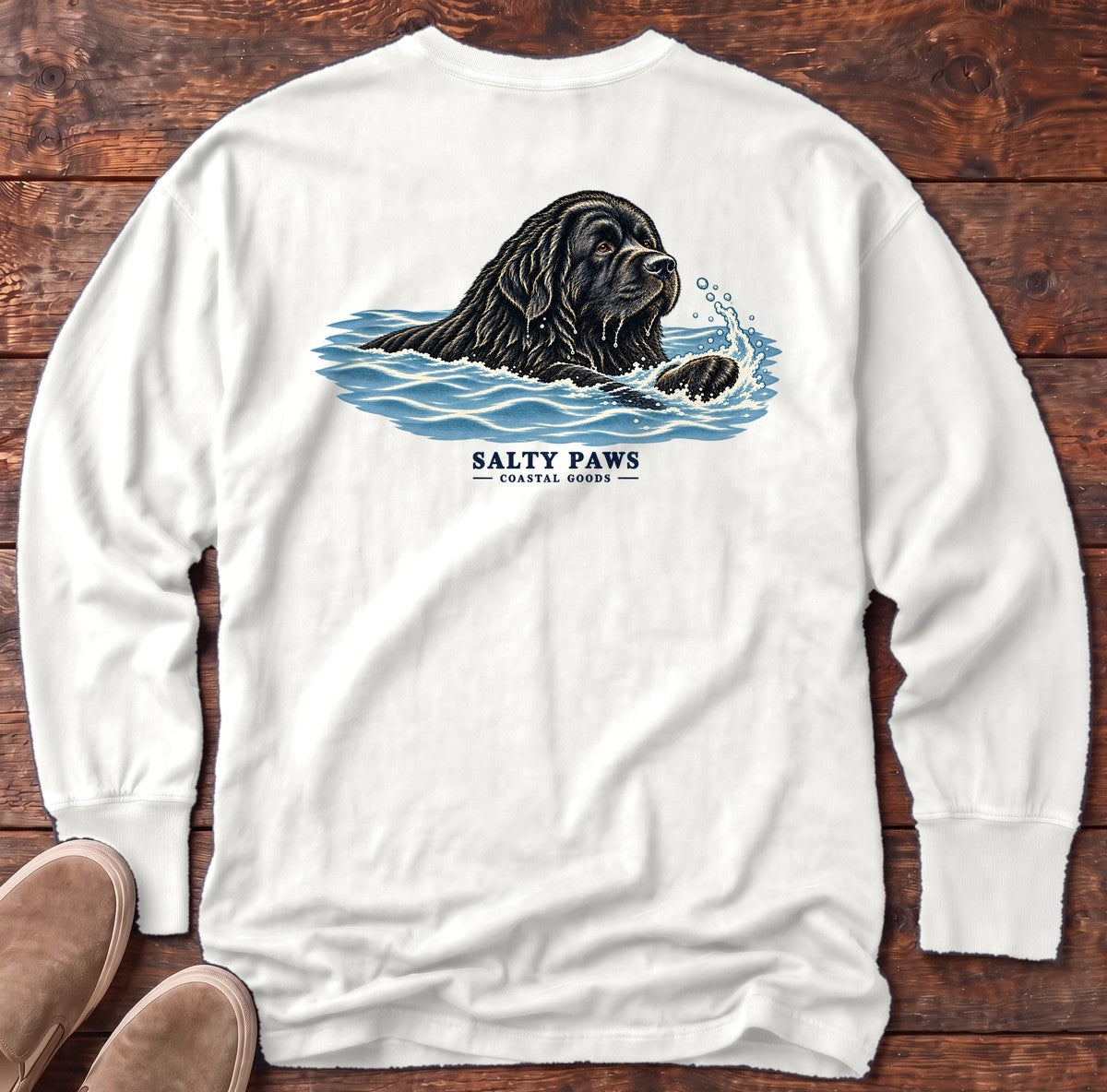 Swimming Newfoundland Back Design Long Sleeve Tee in White, Salty Paws Comfort Colors Long Sleeve Tee, back design flat lay
