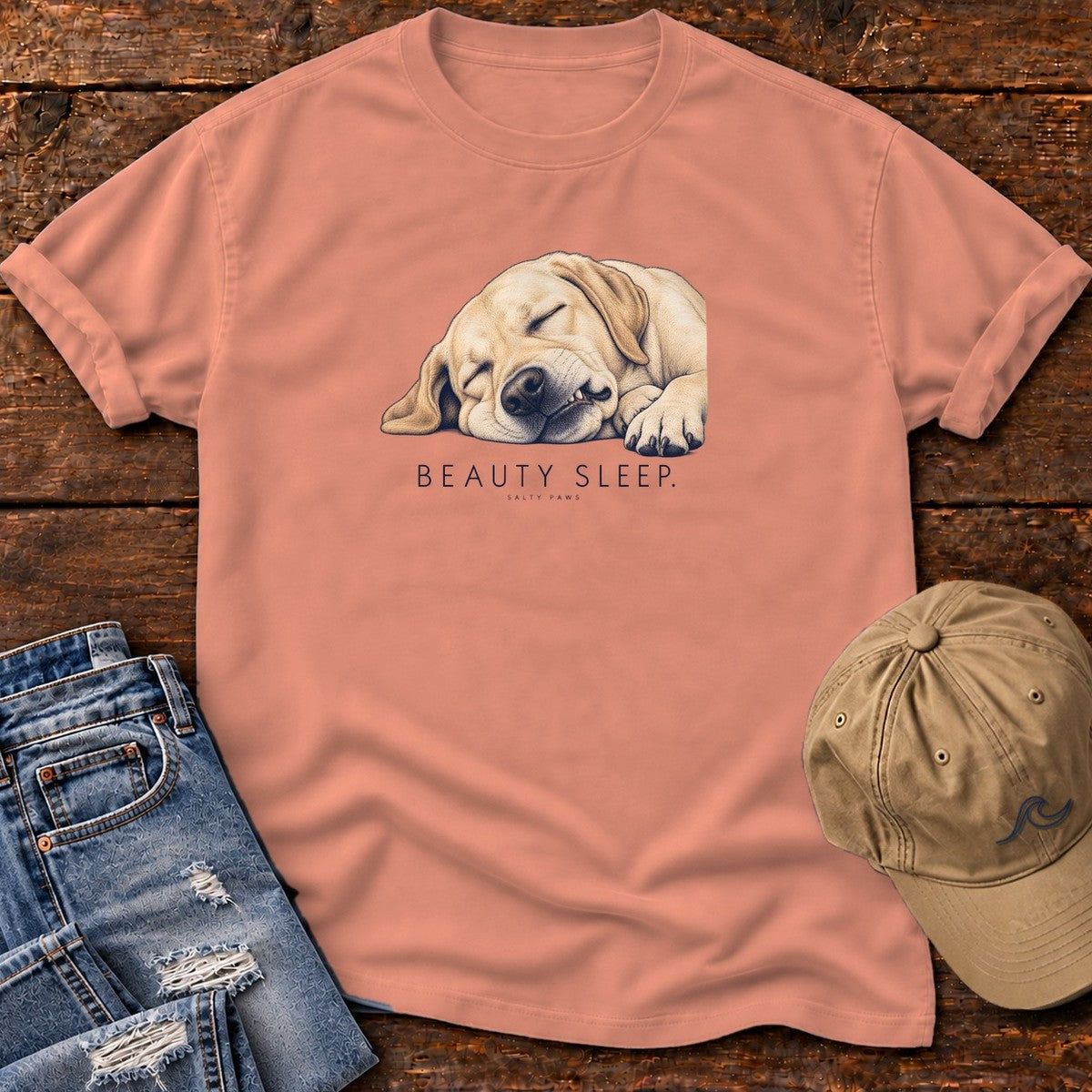 Beauty Sleep Labrador T-Shirt in Terracotta, Salty Paws Comfort Colors T-Shirt, front design flat lay