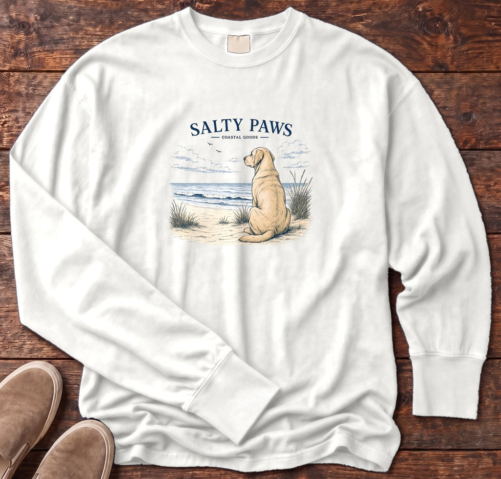 SP Yellow Lab Long Sleeve Tee in White, Salty Paws Comfort Colors long sleeve tee