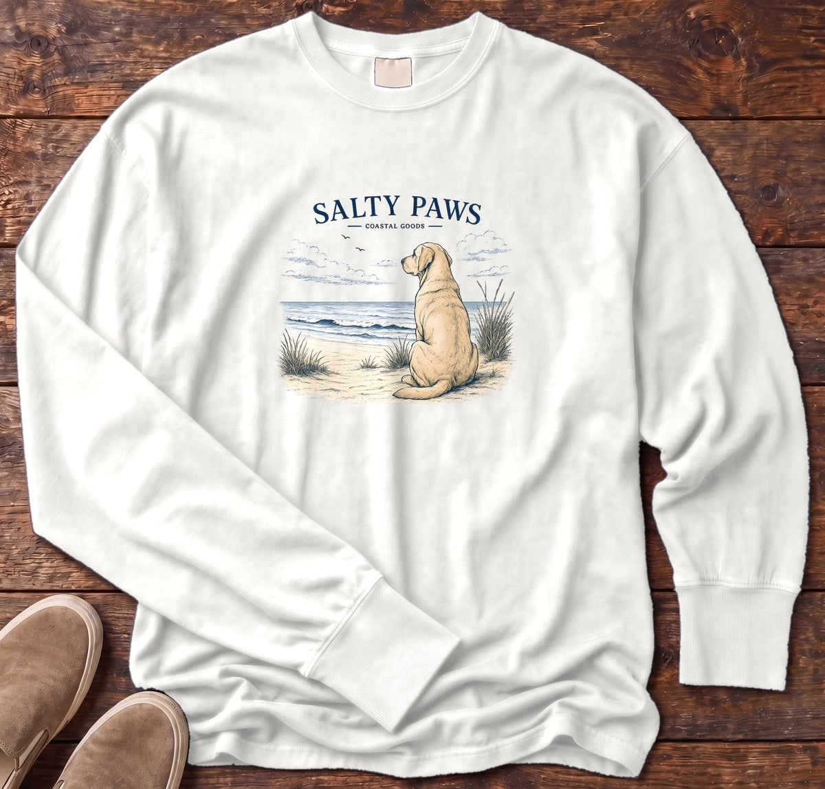 SP Yellow Lab Long Sleeve Tee in White, Salty Paws Comfort Colors long sleeve tee