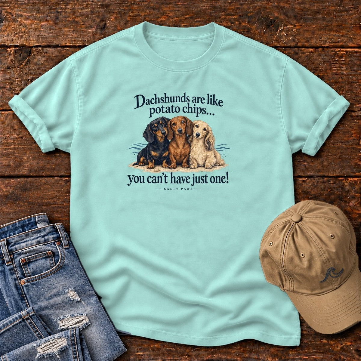 Three Dachshunds Potato Chips T-Shirt in Chalky Mint, Salty Paws Comfort Colors T-Shirt, front design flat lay