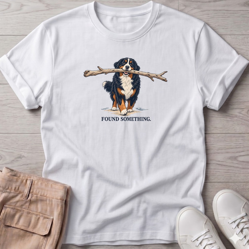Found Something Bernese T-Shirt in White, Salty Paws T-Shirt, front design flat lay