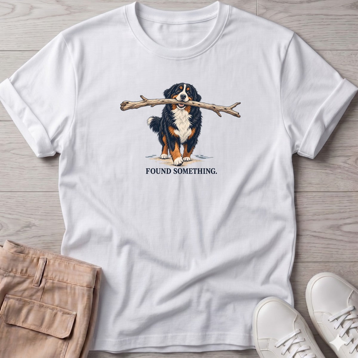 Found Something Bernese T-Shirt in White, Salty Paws T-Shirt, front design flat lay