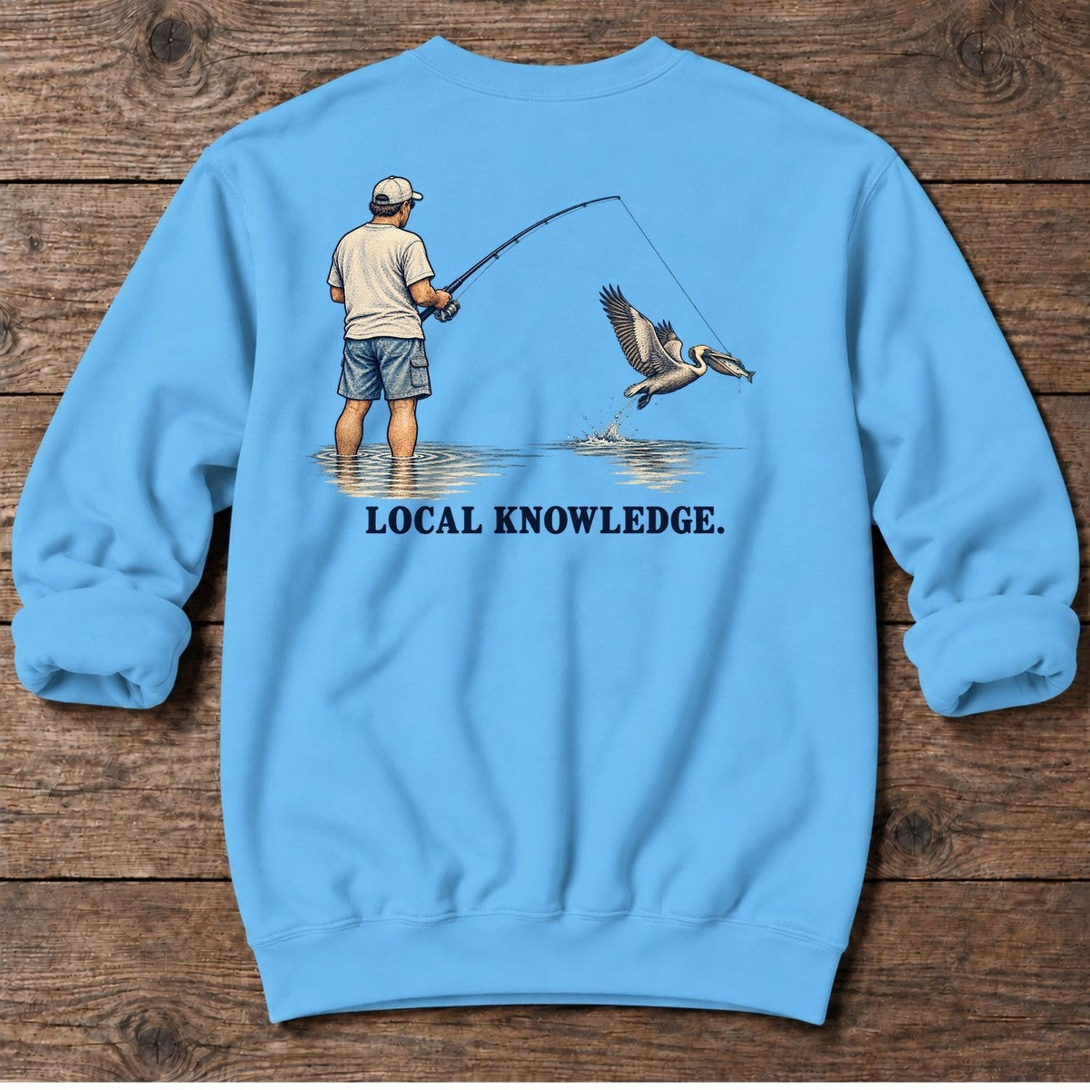 Local Knowledge Pelican Back Design Midweight Sweatshirt in Sky, Salty Paws Midweight Sweatshirt, back design flat lay