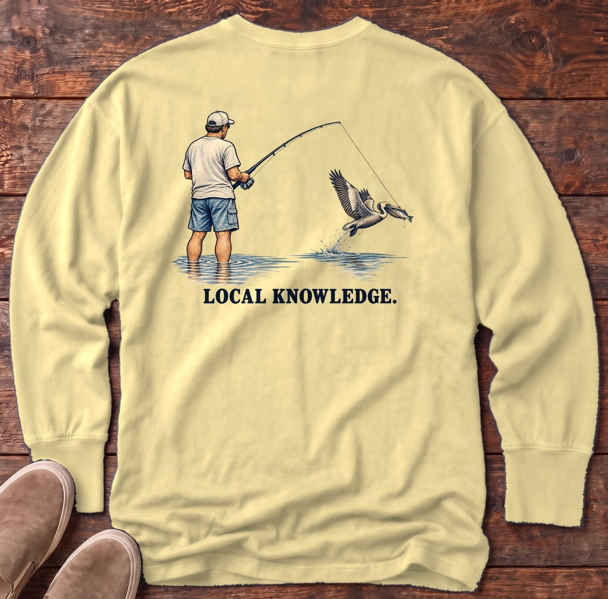Local Knowledge Pelican Back Design Long Sleeve Tee in Butter, Salty Paws Comfort Colors Long Sleeve Tee, back design flat lay