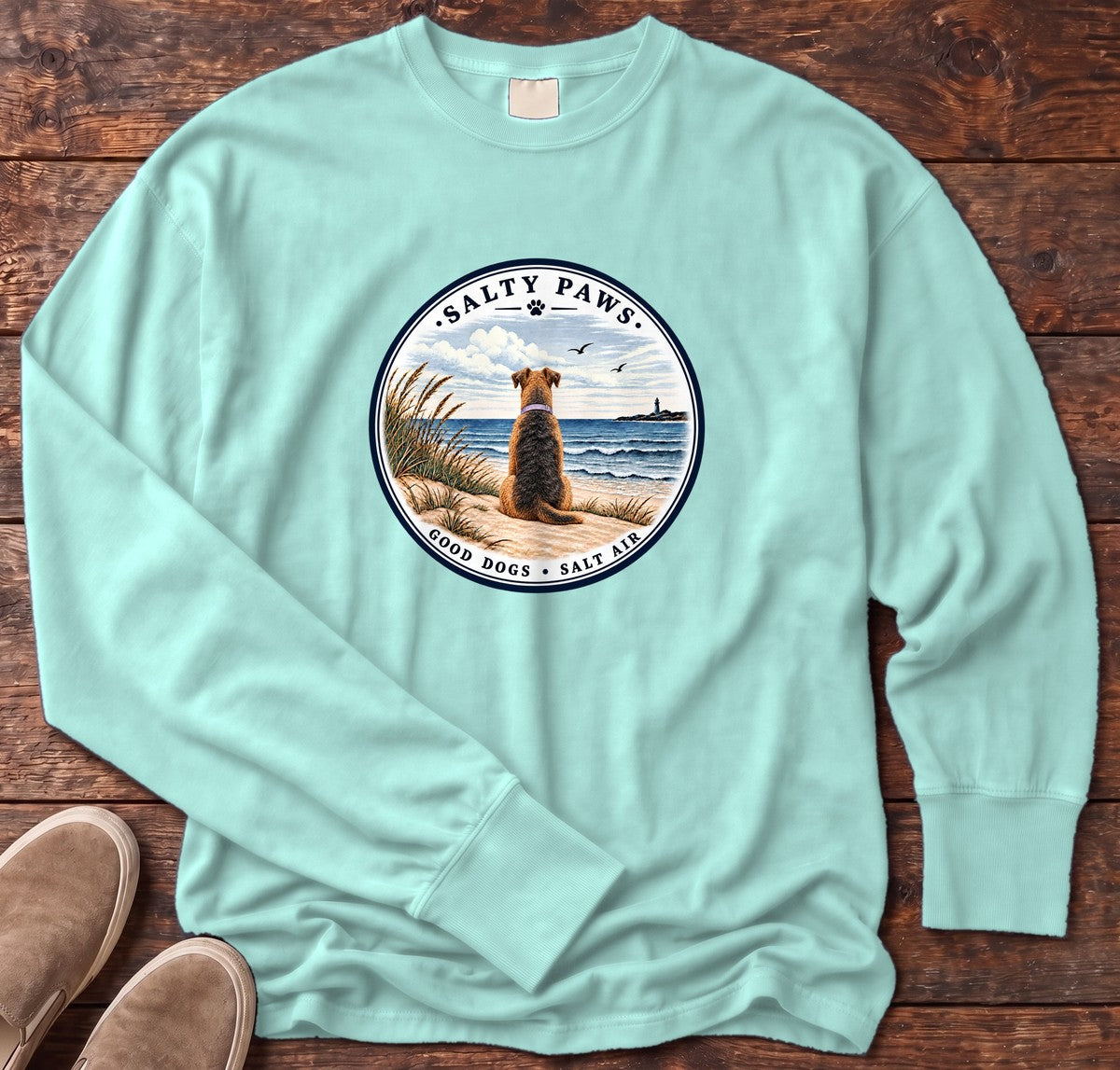 Good Dogs Salt Air Airedale Long Sleeve Tee in Chalky Mint, Salty Paws Comfort Colors Long Sleeve Tee, front design flat lay