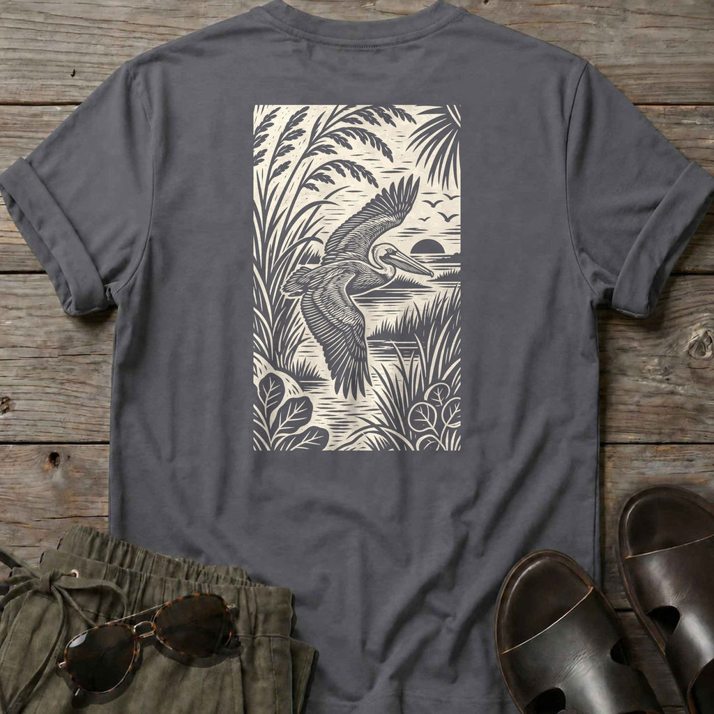 Pelican Woodcut Back Design T-Shirt in Charcoal, Salty Paws coastal t-shirt