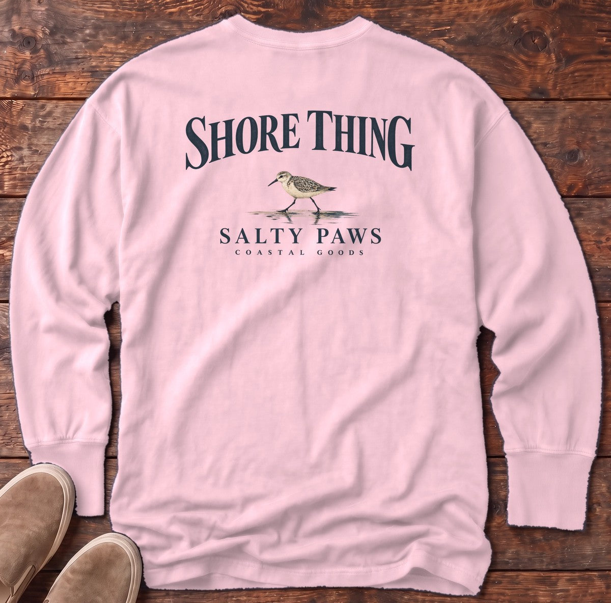 Shore Thing Sandpiper Salty Paws Coastal Goods Back Design Long Sleeve Tee in Blossom, Salty Paws Comfort Colors Long Sleeve Tee, back design flat lay