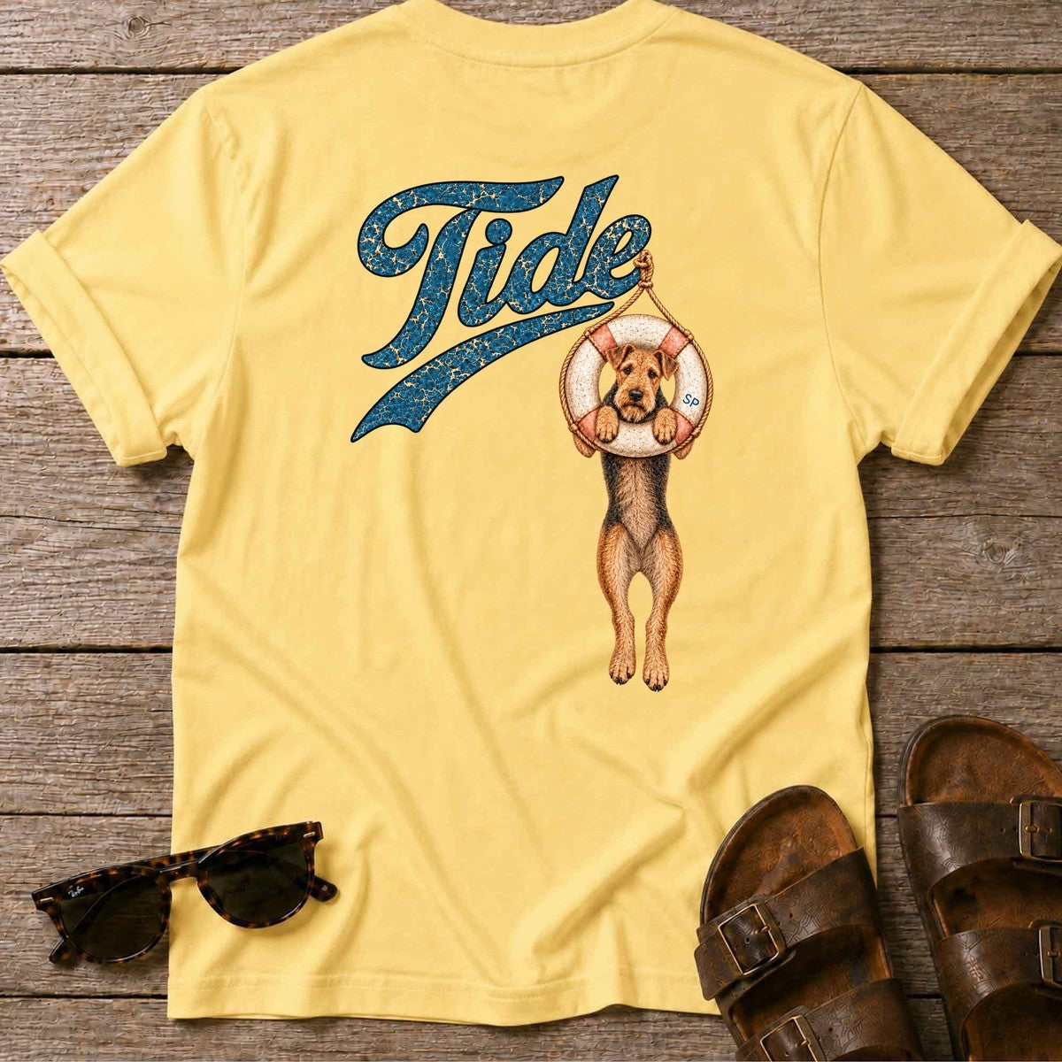 Tide Airedale Back Design T-Shirt in Daisy, Salty Paws T-Shirt, back design flat lay