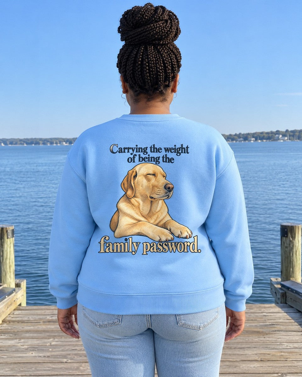 Family Password Labrador Back Design Midweight Sweatshirt in Sky worn by a model, Salty Paws Midweight Sweatshirt