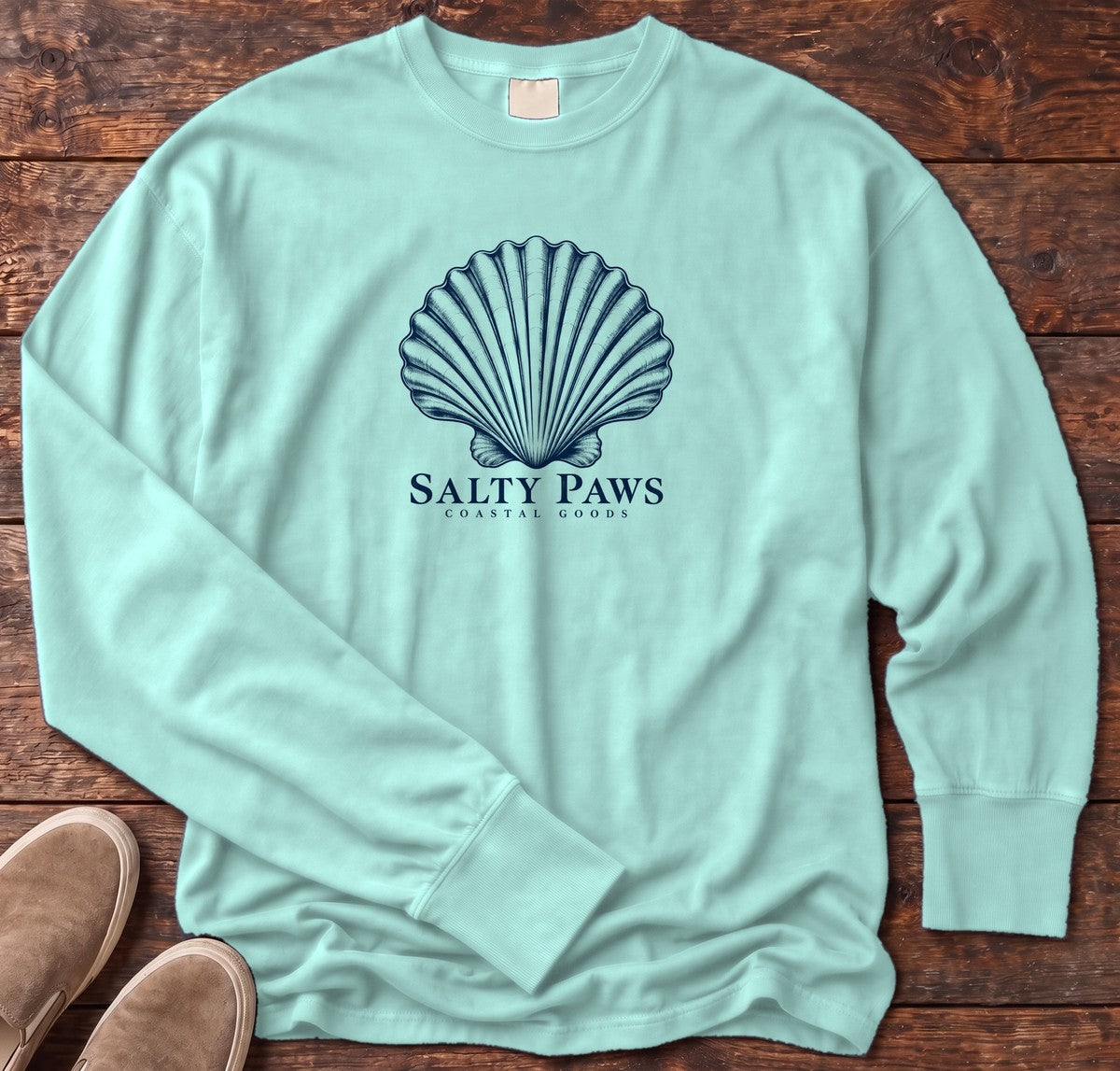 Scallop Shell Coastal Goods Long Sleeve Tee in Chalky Mint, Salty Paws Comfort Colors Long Sleeve Tee, front design flat lay