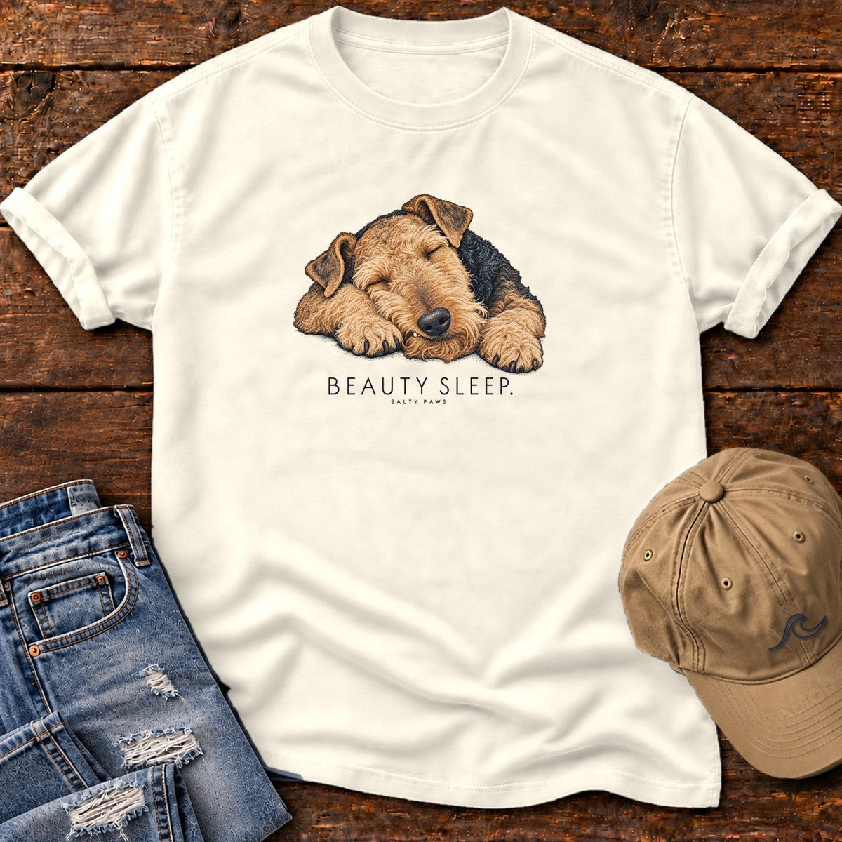 Beauty Sleep Airedale Terrier T-Shirt in Ivory, Salty Paws Comfort Colors T-Shirt, front design flat lay