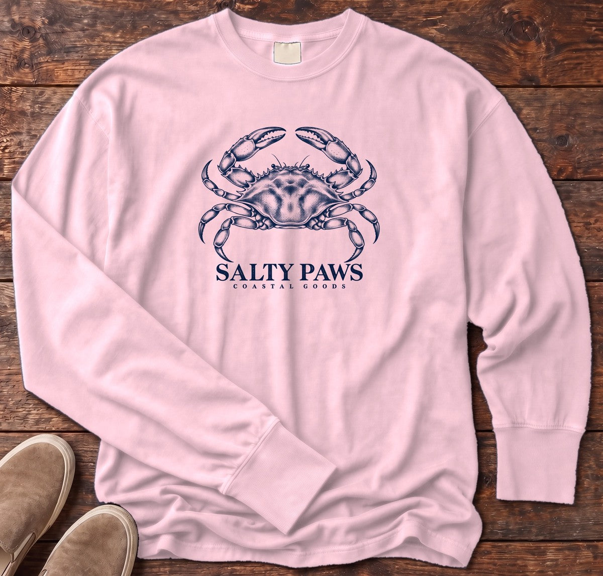 Blue Crab Coastal Goods Long Sleeve Tee in Blossom, Salty Paws Comfort Colors Long Sleeve Tee, front design flat lay