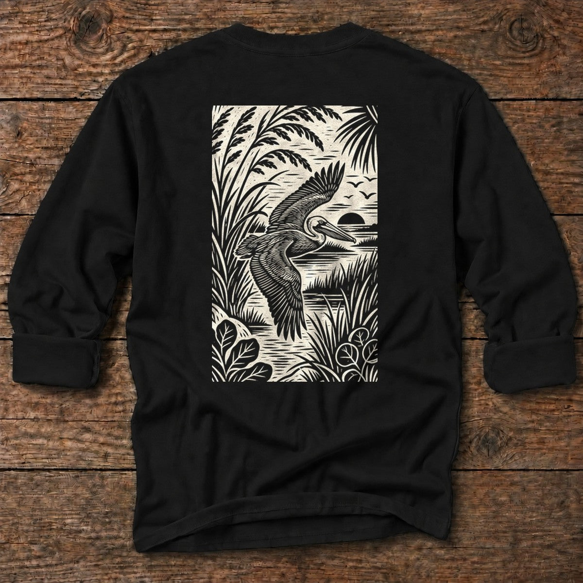 Pelican Woodcut Back Design Long Sleeve Tee in Black, Salty Paws coastal tee