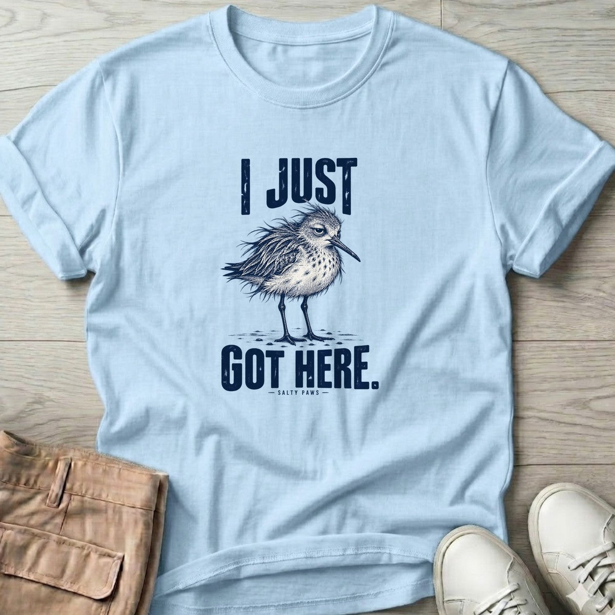 I Just Got Here Sandpiper T-Shirt in Light Blue, Salty Paws T-Shirt, front design flat lay