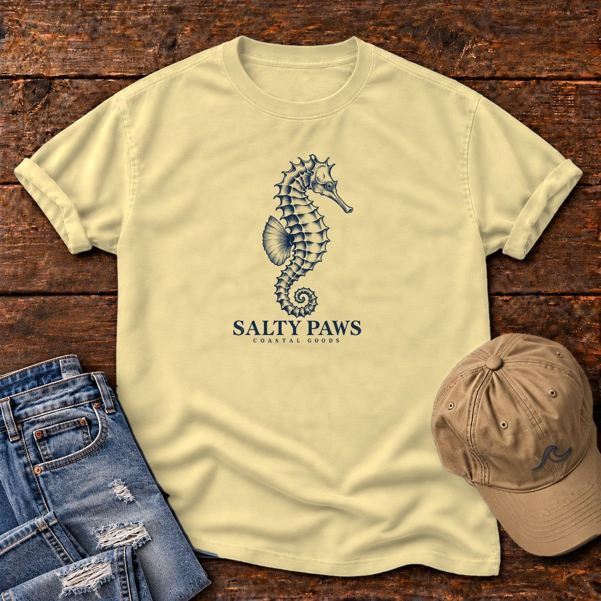 Seahorse Coastal Goods T-Shirt in Butter, Salty Paws Comfort Colors T-Shirt, front design flat lay